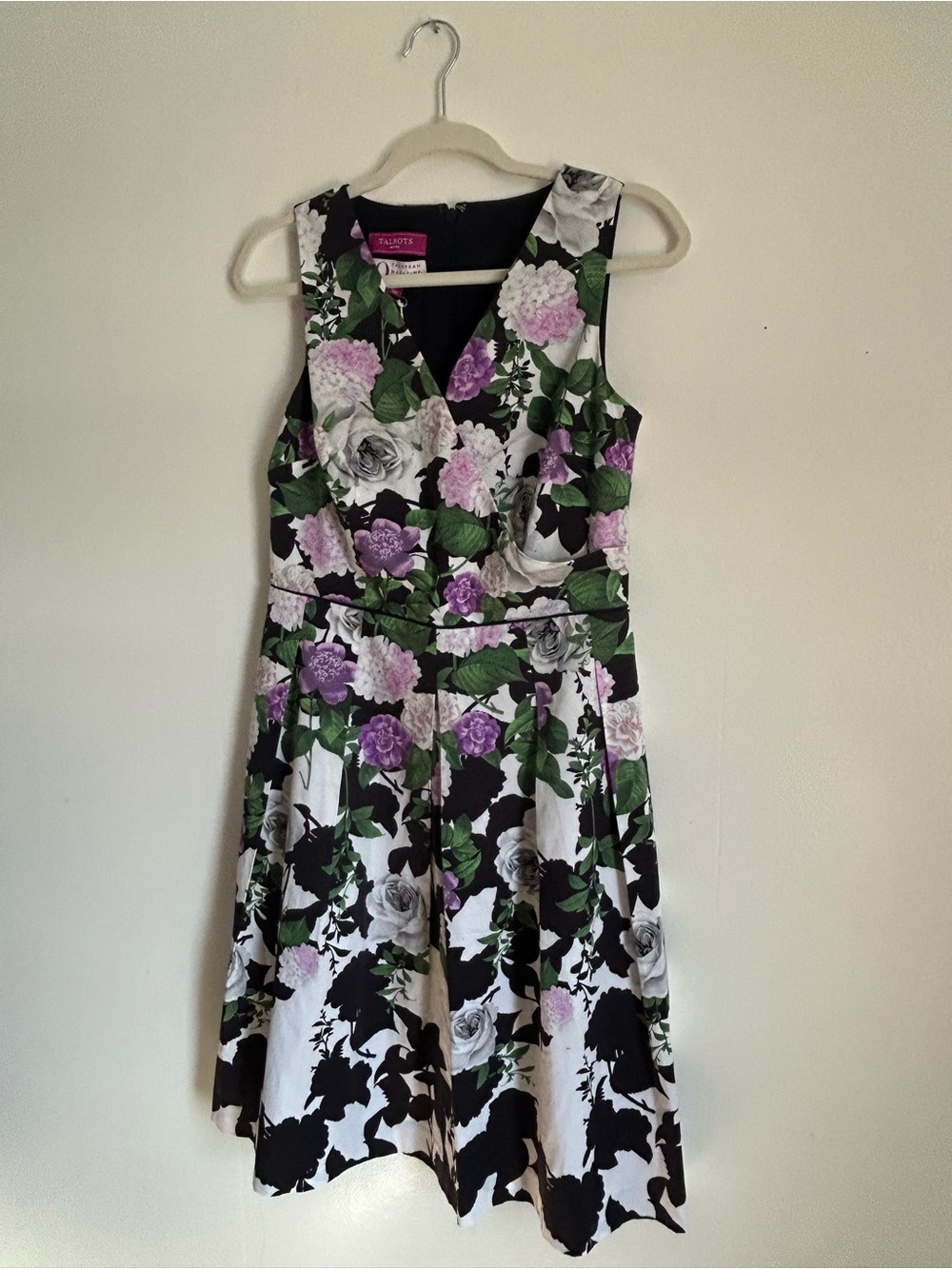 Talbots Black Floral V-Neck Fit & Flare Dress with Purple and Green Accents
